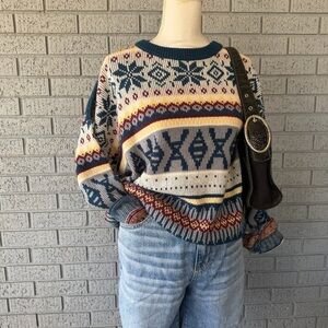 Vtg Women’s Nordic Fair Isle Print Crewneck Sweater Grandpacore Comfy Size XL